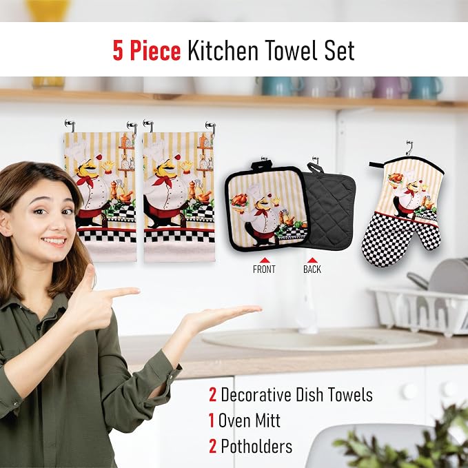 Chubby Uniformed Chef Design, 5 Piece Set | Kitchen Towel Set with 2 Decorative Dish Towels (25 X15), 1 Oven Mitt (11 X 7) and 2 Potholders (6.5 X 6.5)