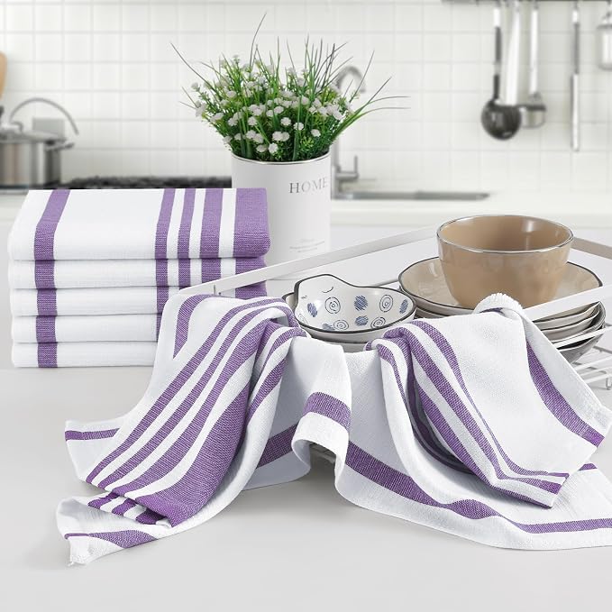 Homaxy Premium Cotton Stripe Kitchen Towels 8 Pack, 18"x 28", Purple | Large 380 GSM Kitchen Hand Towels, Soft Terry Dish Towels, Highly Absorbent Tea Towel Set with Hanging Loop