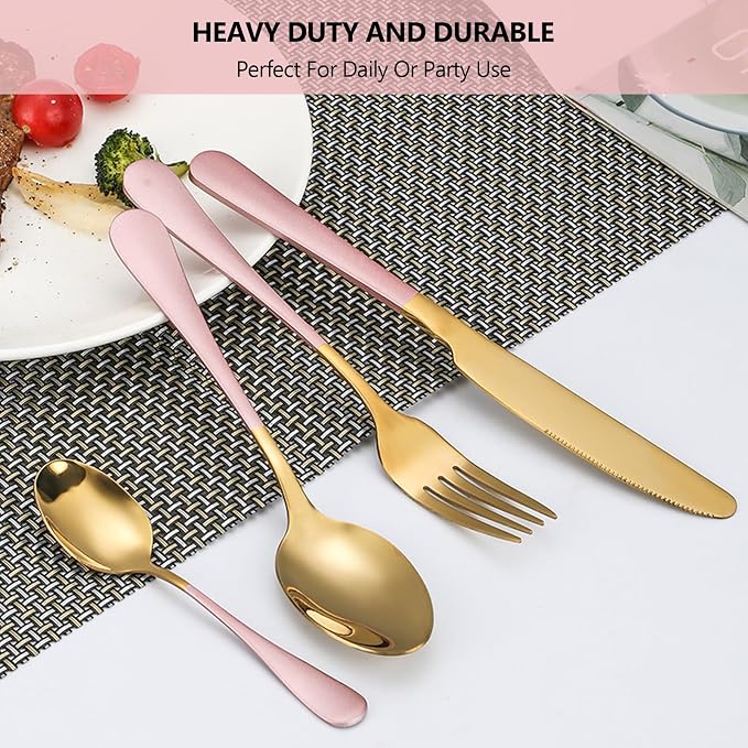 24 Pieces Silverware Set, Stainless Steel Cutlery Set with Holder, Flatware Set for 6 Person Tableware Set Includes Dinner Knives Forks Spoons Teaspoons, Mirror Polished (Pink Gold)