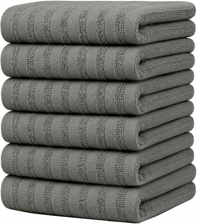 Premium Kitchen Towels 6 Pack 100% Cotton, 20"x28" - Anthracite Solid | Large 450 GSM Terry Dish Towel, Kitchen Hand Towels with Hanging Loop, Highly Absorbent for Washing and Drying Dishes
