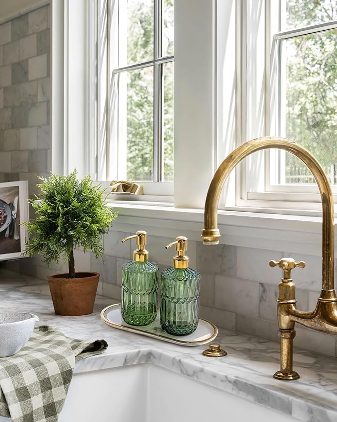 JASAI 2Pack 18Oz Green Glass Soap Dispenser with Gold Rust Proof Pump | Refillable Dish Soap Dispenser for Kitchen, Bathroom Soap Dispenser for Hand soap, Lotion, Body Wash, Liquid Soap