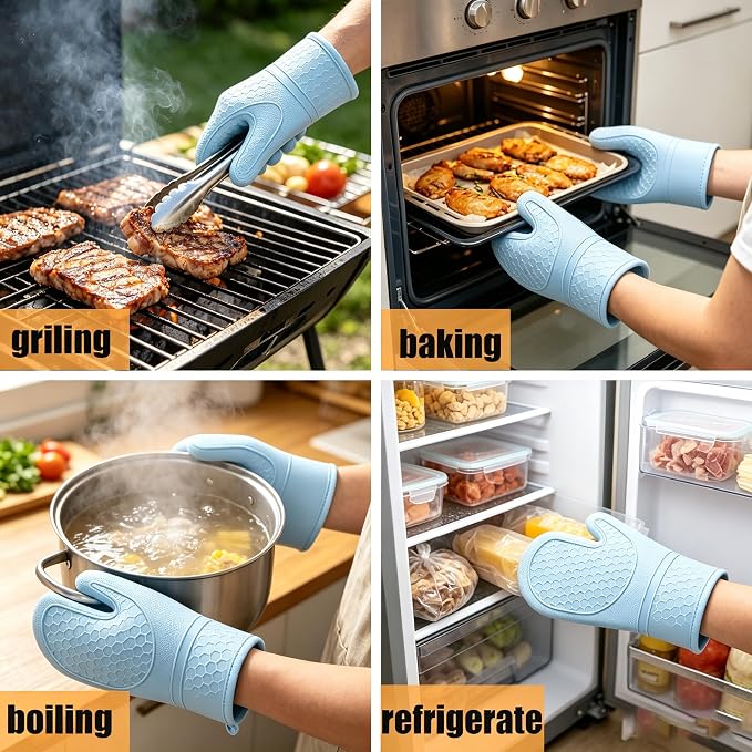 Silicone Oven Mitts 2-Pack, Heat Resistant Non-Slip Grip Gloves, Green