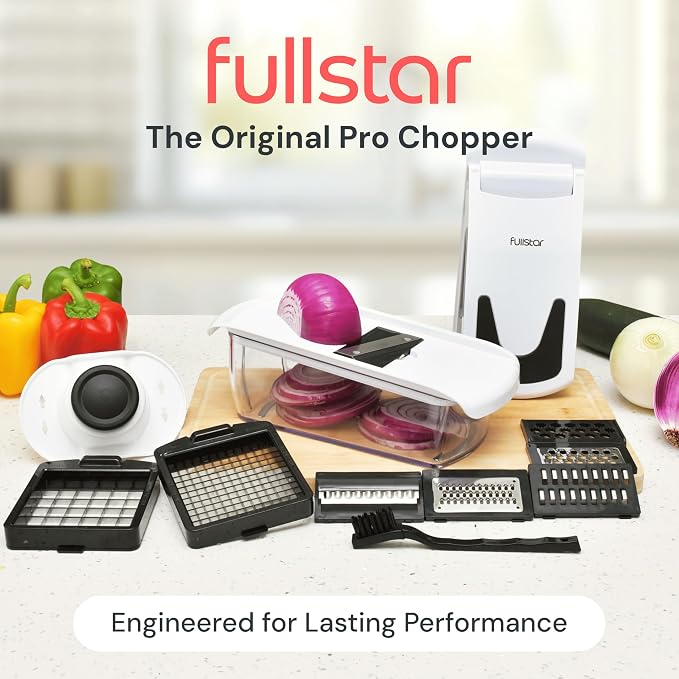 Fullstar Pro Original Vegetable Chopper & Mandoline Slicer Kitchen Gadget | 8 in 1 Veggie Slicer, Onion & Fruit Cutter with Sharp Stainless Steel Blades & Container, All-in-One Meal Prep Tool (White)