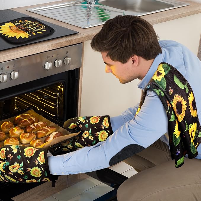 Bencailor 6 Pcs Sunflower Kitchen Decor Black Sunflower Kitchen Towels Pot Holders and Oven Mitts Sets 2 Farmhouse Cooking Mittens for Cooking Grilling Supply Accessories