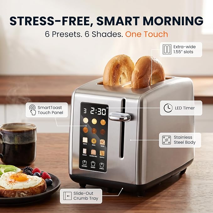 Elite Gourmet 2-Slice Toaster, Digital Countdown, Stainless Steel | One-Touch Presets, Defrost, Reheat & Cancel, Extra-Wide Slots Fit Bagels & Thick Bread