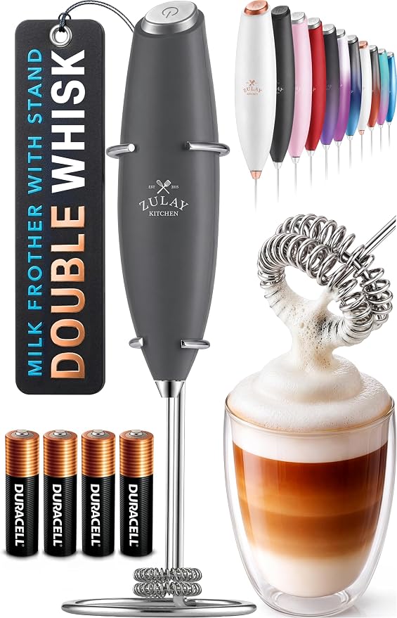 Zulay Kitchen Powerful Milk Frother Wand With Duracell Batteries - Ultra Fast Handheld Drink Mixer - Electric Whisk Foam Maker for Coffee, Lattes, Cappuccino & Matcha - Double Whisk - Charcoal