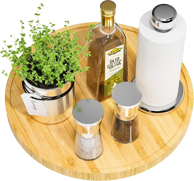 Lazy Susan for Table, 12 Inch Non-Skid Bamboo Turntable Organizer | Salt Pepper Spices and Olive Oil Next to Stove, Wooden Lazy Susan Organizer for Kitchen Countertop Organizer