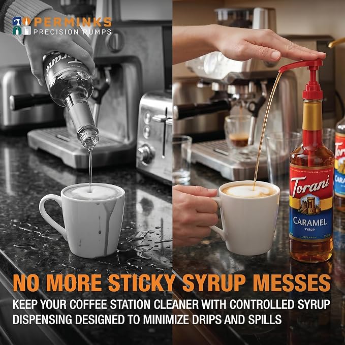 Premium Syrup Pump Compatible with Torani 750 ml Bottle, Davinci Syrups - No Spill, No Clog Syrup Pump Dispenser for Vanilla, Snow Cone, Blueberry, Coffee Flavoring & More (Pack of 6, Red)