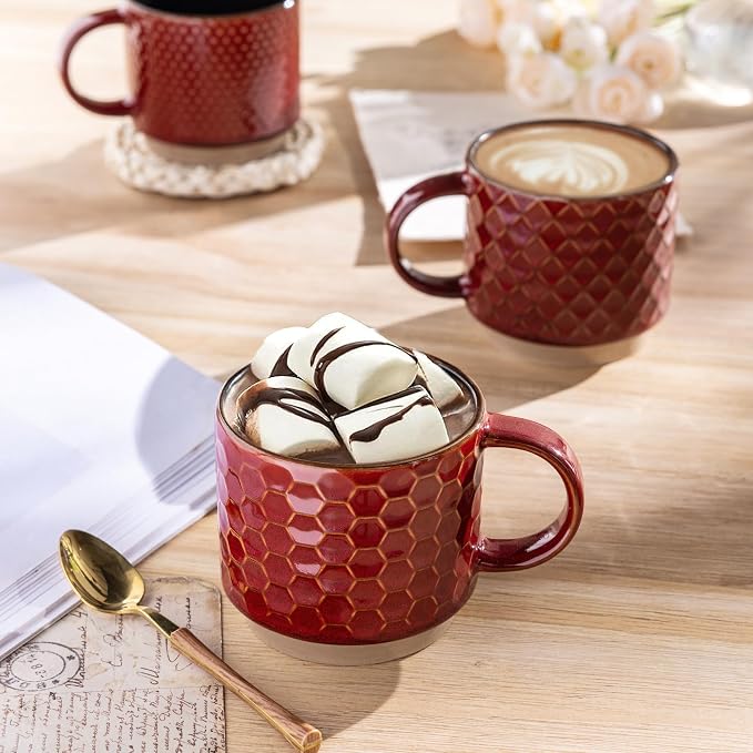 GBhome 12 OZ Stackable Coffee Mugs Set of 4, Ceramic Coffee Cups Set | 4 Assorted Designs, Embossed Mugs with Texture Patterns for Tea/Coffee, Dishwasher&Microwave Safe, Red