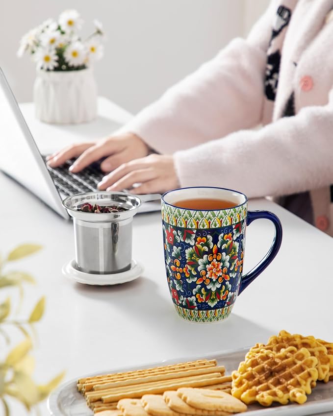 vancasso Ceramic Tea Mug with Infuser and Lid, 18 Ounce Bohemian Loose Leaf Cup, Microwave & Dishwasher Safe, Perfect for Tea, Coffee, Sage-Scarlet Floral