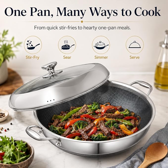 DELARLO 14 Inch Tri-Ply Stainless Steel Nonstick Wok Pan with Lid 6Qt Pot | Deep 6-quart wok heats quickly and evenly, works with induction, and is dishwasher and oven safe for everyday cooking