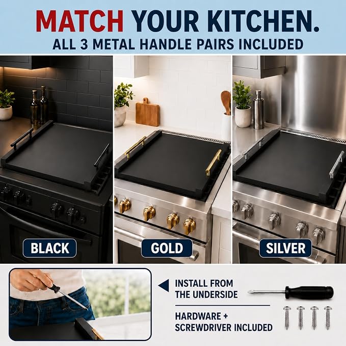 RVTHEUS® Noodle Board Stove Cover, 29.5x22", for Gas & Electric Stoves | Includes 3 Handle Pairs in Black, Gold & Silver, Stove Top Covers for Gas Burners, Stove Covers for Gas Stove Top