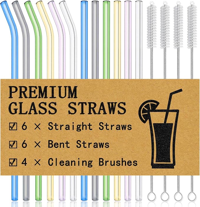 Piteno® 12Pcs Glass Straws with 4Pcs Brushes, 8.5''x10MM, Set of 6 Straight and 6 Bent with 4 Cleaning Brushes, Perfect for Smoothies, Milkshakes, Juice, Tea (Rainbow)