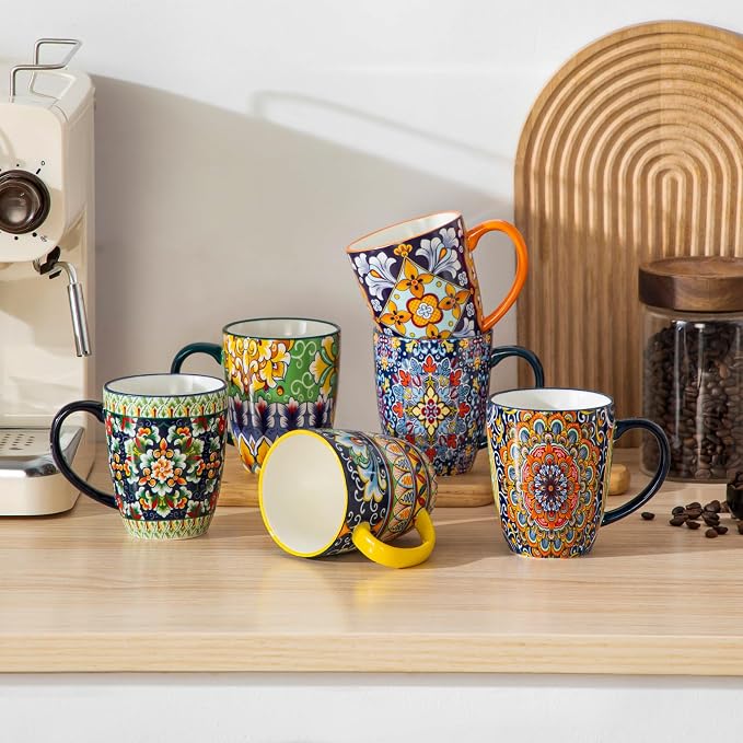 vancasso SIMI 12 oz Coffee Mugs Set of 6, Ceramic Mug with Handle, Boho | Coffee Cups for Latte, Tea, Cappuccino & Hot Chocolate, Easy-Grip Mug, Dishwasher & Microwave Safe, Bohemian Gift Set