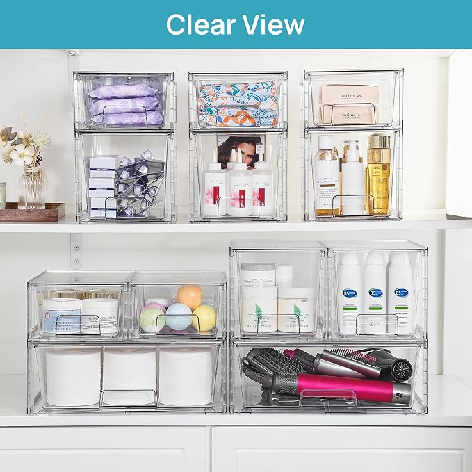 Vtopmart Clear Stackable Storage Drawers, 5 Pack Multi-Size Organizer Set | Wide, Medium and Small Pull-Out PET Drawers with Stackable Design for Cabinets, Closets, Pantry and Bathroom Organization
