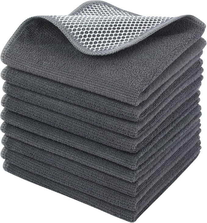 Dish Cloths for Washing Dishes with Scrub Side, Microfiber Dish Rags | Dual-sided microfiber dish cloths with scrubber for stuck-on food, quick dry kitchen washcloths 9 Pack, 12" x 12 Inch Gray