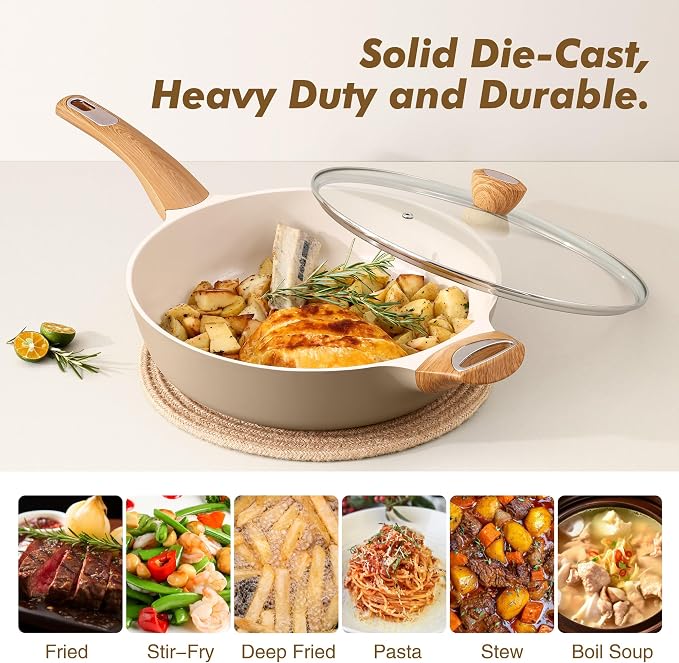 SENSARTE Ceramic Nonstick Frying Pan Skillet with Lid, 12 Inch Large Deep Frying Pan, 5 QT Saute Pan, Induction Pan, Healthy Non Toxic Cooking Pan with Helper Handle, PFOA PFAS PTFE Free