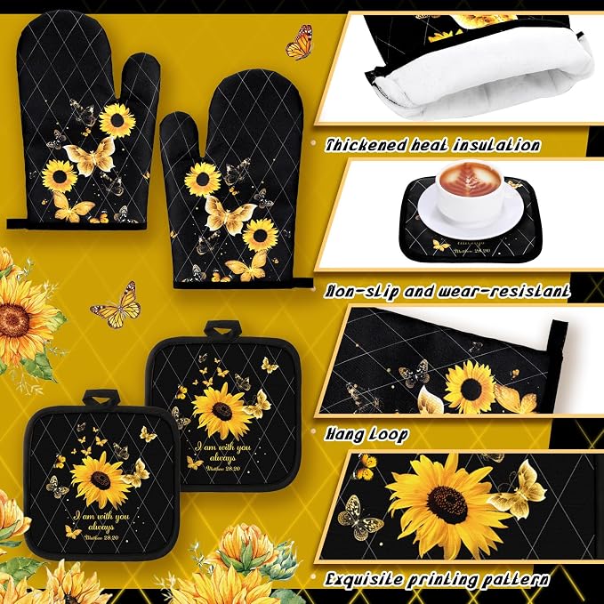 Fourluoo 10 Pcs Sunflower Butterfly Kitchen Dish Towels Rugs Oven Mitts and Pot Holders Set Farmhouse Kitchen Decor Set for Women Mom Daughter Gift Cooking Baking Grilling (Bright Black)