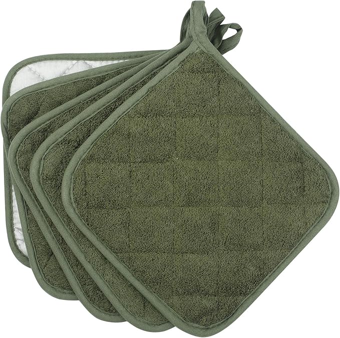 Pot Holders for Kitchen, 100% Cotton Terry Pot Holder Set of 5, Heat Resistant Hot Pads for Cooking, Baking, Hot Dishes and Countertop Protection, Olive Green