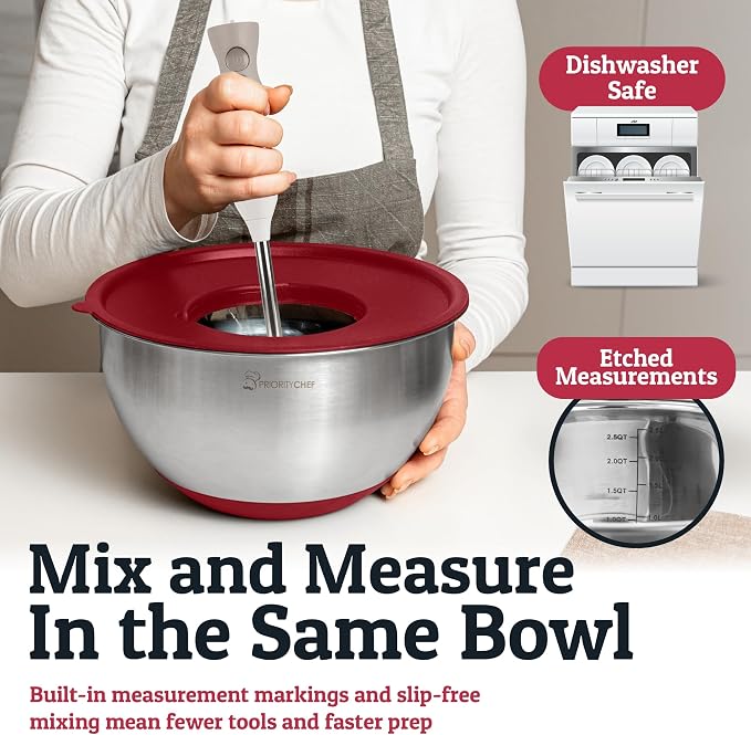 Stainless Steel Mixing Bowls with Lids Set, Metal Nesting Bowls with Airtight Lids, Graters, Non-Slip Base & Measurement Marks, Includes Utensil Set for Prep, Baking & Storage, Red