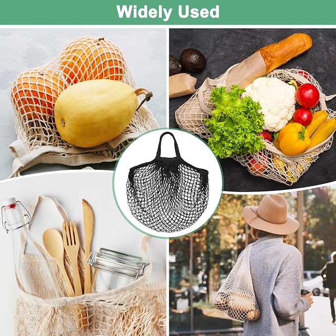 M METERXITY 2-Pack Cotton Mesh Bag, Reusable Washable Mesh Net String Grocery Bags, Reusable Produce Bags with Handle, Net Tote Bag for Fruits/Vegetables Shopping [Black, Long&Short Handle]