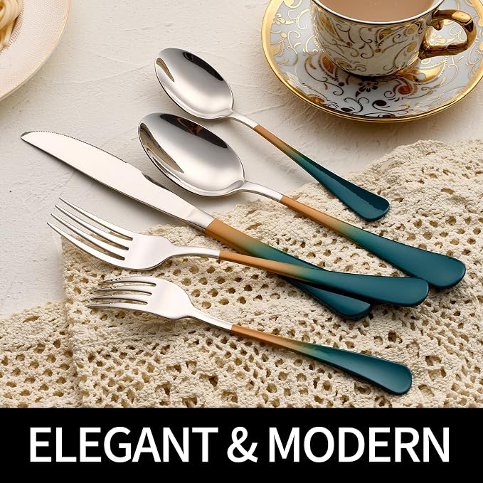 20-Pieces Green Orange Silverware Sets for 4,Green Orange Handle Stainless Steel Cutlery Set, Include Forks Spoons and Knives Set, Dishwasher Safe Utensil Sets for Home Restaurant
