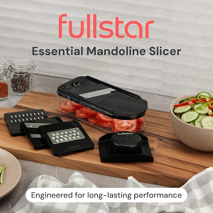 Fullstar Essential Mandoline Vegetable Slicer & Julienne Cutter | 4 in 1 Compact Fruit Cutter, Cucumber Slicer & Cheese Grater, with Stainless Steel Blades, Guard & 3-Cup Container (Black)