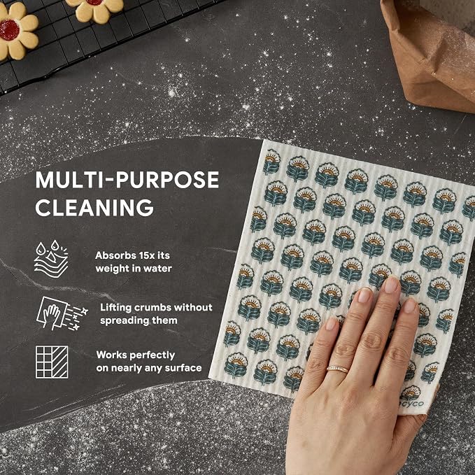 RECYCO Swedish Dishcloths for Kitchen | 5 Pack Indigo Petals Washable Dish Rags | Cellulose Reusable Cleaning Paper Towels | Absorbent Counter Dish Cloth Sponge Kitchen Wipes, 8" L x 7" W