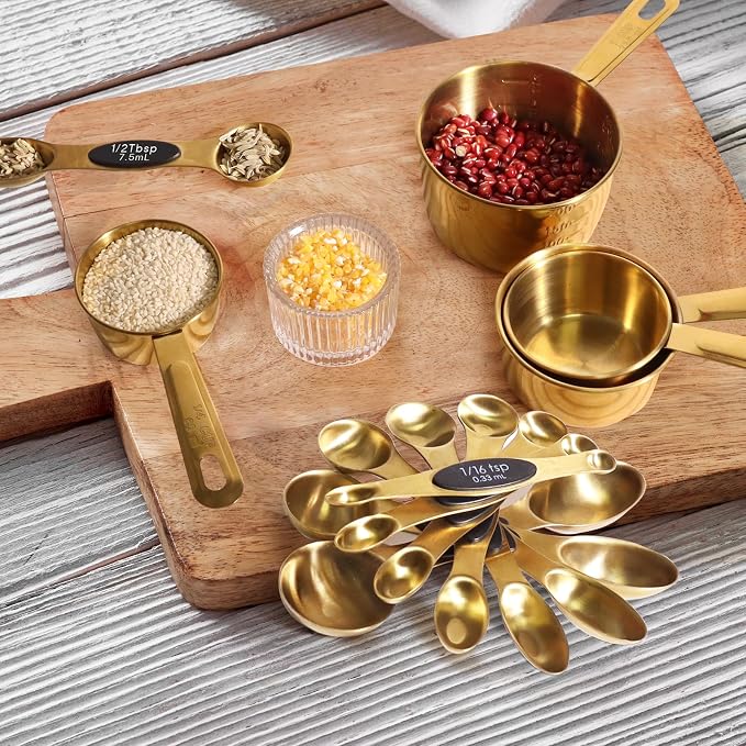 13pcs Gold Stainless Steel Measuring Cups and Spoons Set, 8 Double-Sided Magnetic Measuring Spoons Set & 4 Metal Measuring Cups & 1 Leveler for Kitchen Dry & Liquid Cooking Baking