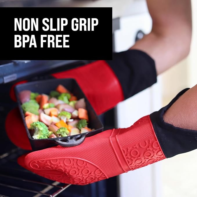 BPA-Free Soft Silicone Oven Mitts - Ultra Heat Resistant Oven Mitts with Thick Cotton Liner - Extra Long Slip Resistant Pot Holders, Flexible Oven Gloves