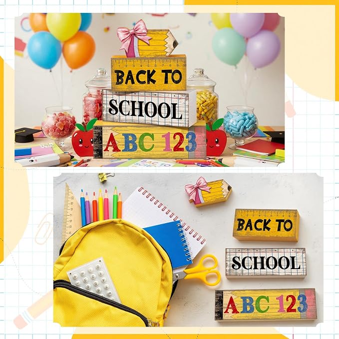 Lineshading 4 Pcs Back To School Table Decorations Wooden Pencil Blocks | Back To School Tiered Tray Decorations With Abc 123 Pencil Ruler, Rustic Farmhouse Gift For Classroom Teacher Desk