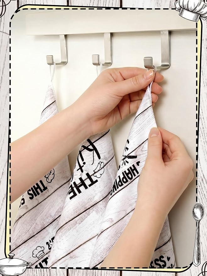 4 Pcs Wood Grain Kitchen Towels Happiness Dish Towels Gifts | Absorbent Hand Tea Dishcloths with Hanging Loop Heart of the Home Quote for Home Housewarming Gift Funny Kitchen Decor