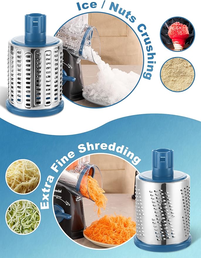 Geedel Rotary Cheese Grater Hand Crank, Cheese Shredder Vegetable Slicer | 5 Blades, 430 Stainless Steel, 12x Fast Cutting, Strong Suction Base, No BPA, Dishwasher Safe, for Cheese, Veggie, Nut