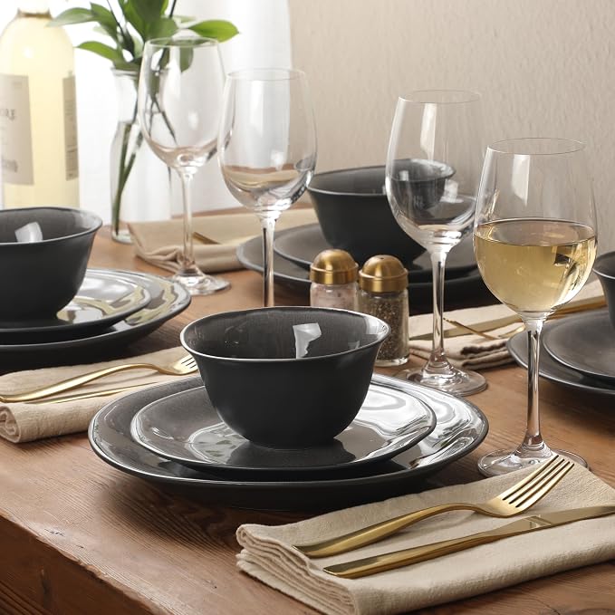 Gibson Elite Port Barton Plates and Bowls Sets, 12-Piece Stoneware Dinnerware Sets, Reactive Glaze Dish Set - Black