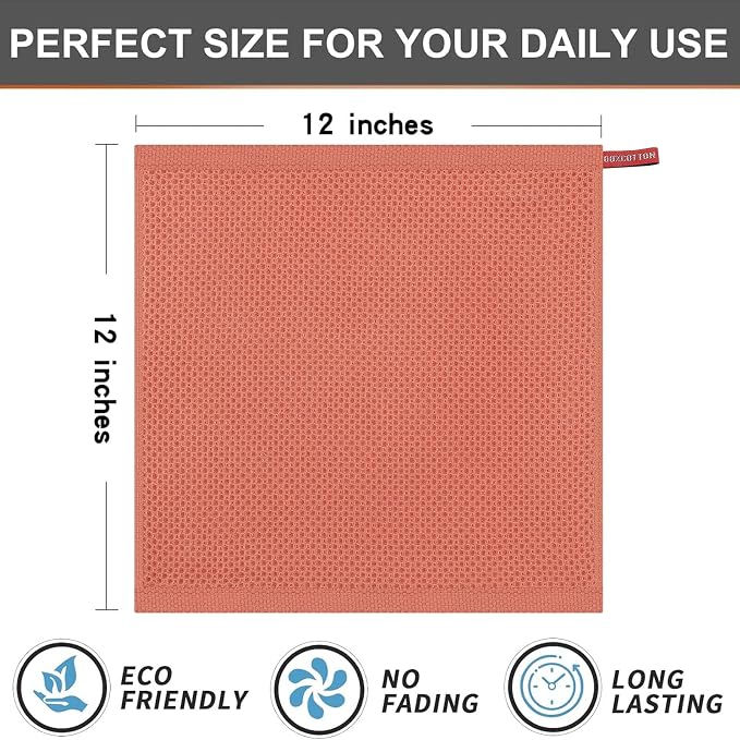 Kitinjoy 100% Cotton Waffle 6-Pack Kitchen Towels, 12" x 12", Coral | Ultra Absorbent, Super Soft, lightweight, Quick Drying Dish Rags for Washing Dishes