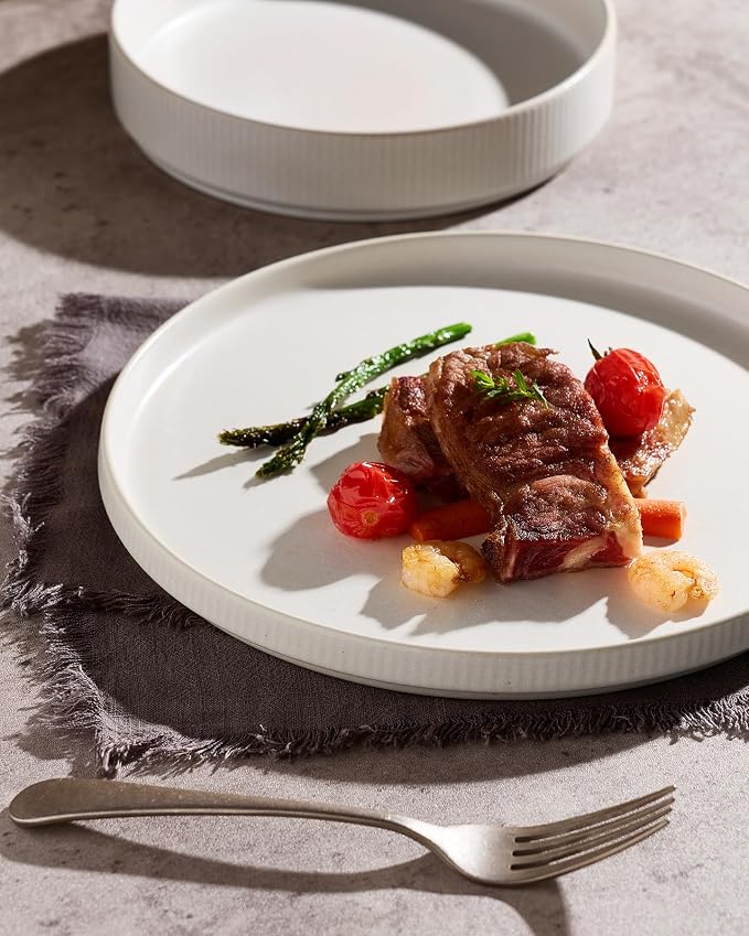 Famiware Star Stoneware Dinnerware Set, Reactive Glaze Plates & Bowls for 4 | 12-Piece Handmade Ribbed Dishes, Chip & Scratch Resistant Ceramic. Microwave & Dishwasher Safe, Rustic Modern, Matte White