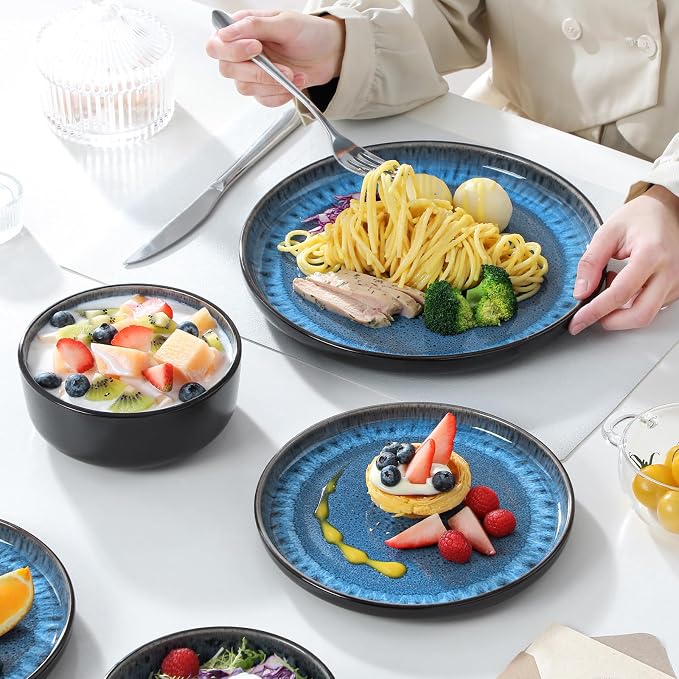vancasso PLAYA Plates and Bowls Sets, 12 Pieces Blue Dinnerware Sets for Kitchen, Reactive Glaze Dishes Set for 4, Dishwasher and Microwave Safe