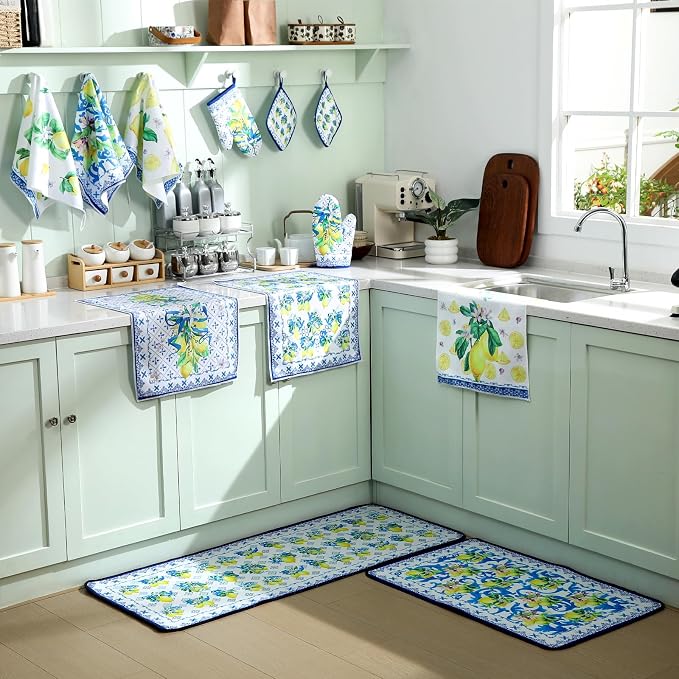 Fourluoo 10 Pcs Lemon Kitchen Decor Set Lemon Kitchen Towels Rugs Oven Mitts and Pot Holders Kit for Summer Baking Cooking Chef