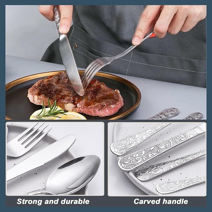 Runfly Vintage Carved Silver Stainless Steel 20-Piece Flatware Set | Silverware Set, Modern Embossed Cutlery Set Utensils Kitchen Including Fork Spoon and Knife