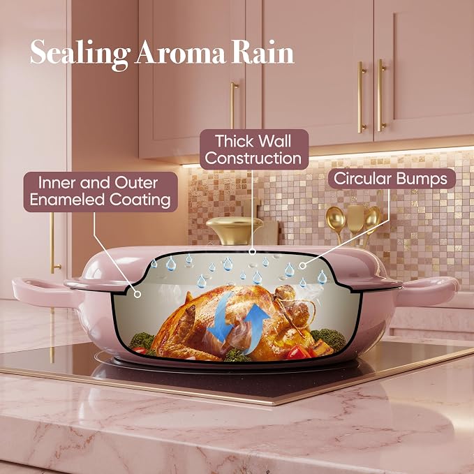 3 Quart Enameled Cast Iron Braiser, Non Stick Enameled Cast Iron Skillet with Lid, Dutch Oven Skillet with lid up to 500°F for Oven, Stove, Grill, Shallow Dutch Oven for Cook, Bake (Pink)