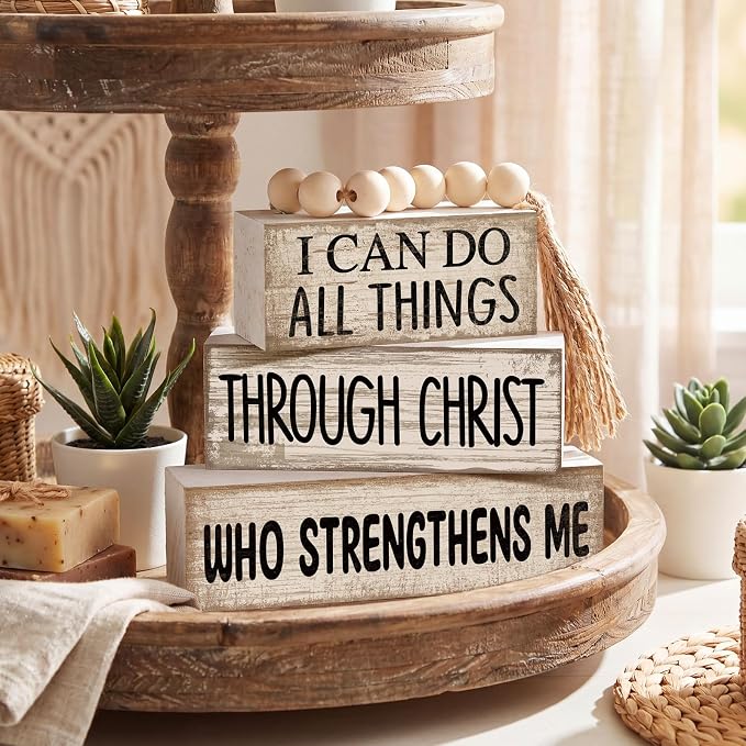 Lineshading 4 Pcs Christian Wood Block Signs, Farmhouse Tiered Tray Decor | Rustic Tabletop Pieces with Beads, Inspirational Bible Verse, God Sign for Home Shelf, I Can Do All Things Through Christ