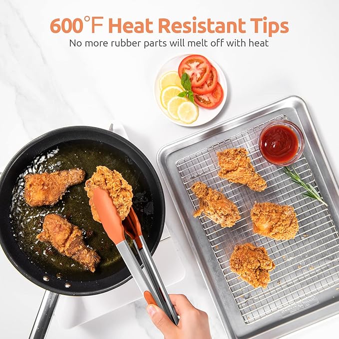 U-Taste Kitchen Tongs for Cooking, 600ºF Heat-Resistant Tps, 2Pcs/Orange | Silicone Tong Set 9/12in, Salad/Grill/BBQ Plastic Tong for Food Serving, Rubber Tipped Tong with 18/8 Stainless Steel Handle