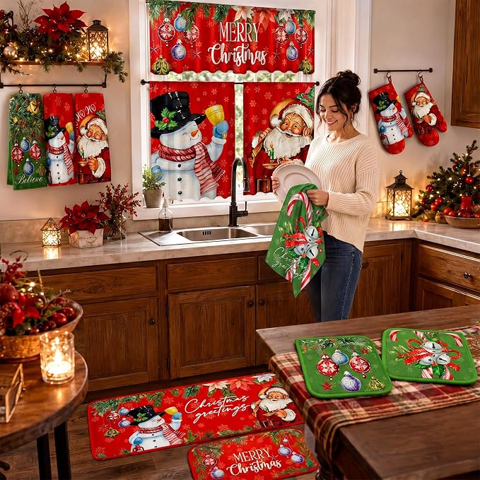 13 Pcs Christmas Kitchen Sets Christmas Oven Mitts and Pot Holders Set Xmas Kitchen Dish Towels Santa Rugs and Nonslip Mats for Home Cooking Baking Grilling Gift Decoration