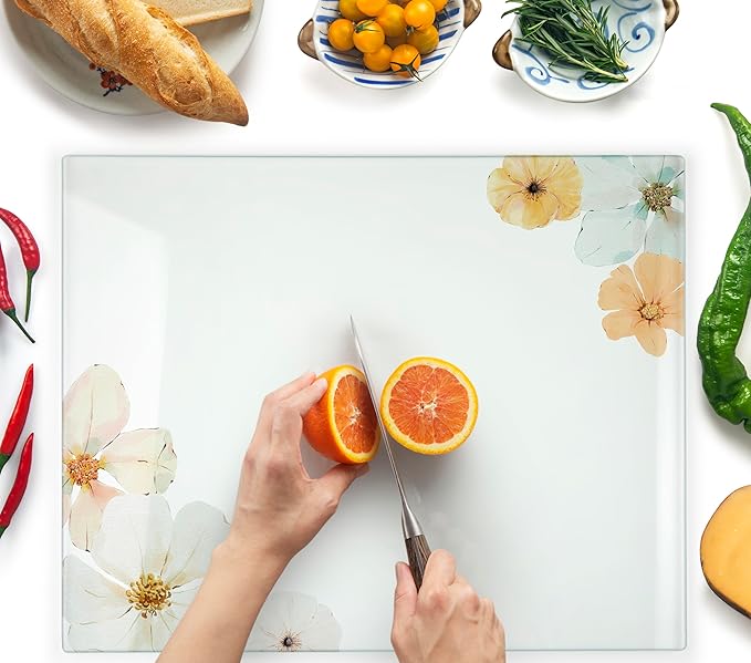 Glass Cutting Board 20”x16”: Tempered Glass Kitchen Counter Protector - Durable- Scratch-Resistant, Heat-Proof - Design 5 - Floral Design