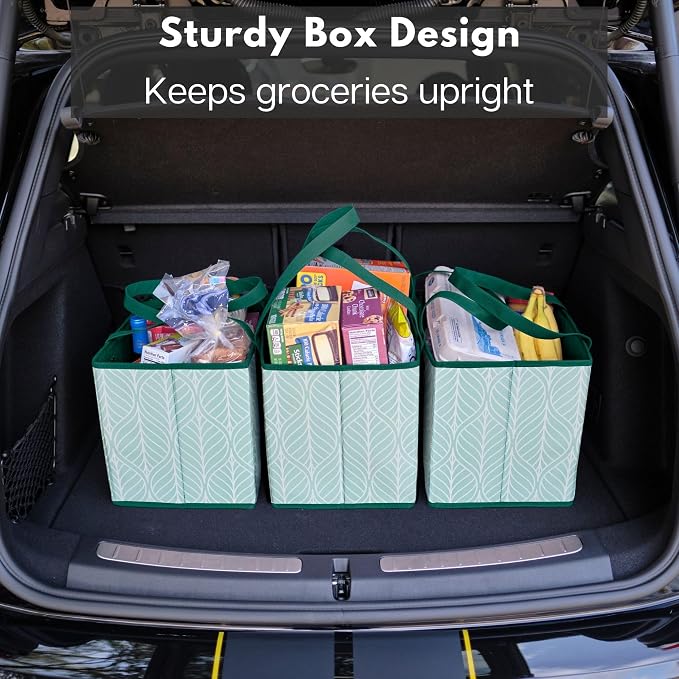 Reusable Grocery Bags (3 Pack) – Heavy Duty Reusable Shopping Bags for Groceries with Box Shape to Stand Up, Stay Open, Fold Flat – Large Tote-Bag is Foldable with Long Handles & Hard Bottom (Green)