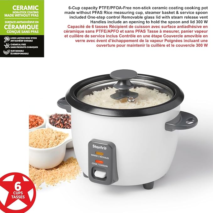 Starfrit Electric Rice Cooker, 6 Cups, Ceramic Nonstick, 300W | Makes up to 6 cups. Cook & keep warm. Ceramic nonstick pot. Steamer basket included. 300W performance.
