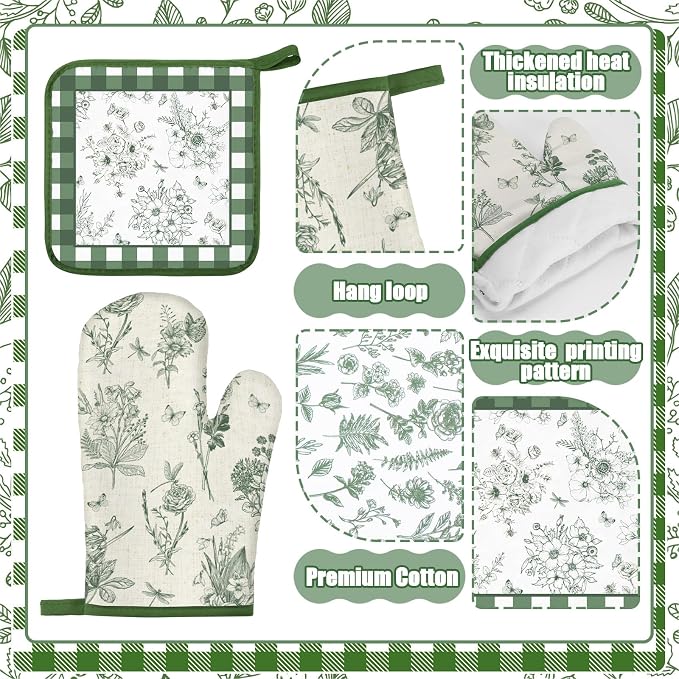Fourluoo 16 Pcs Green Floral Kitchen Decor Set Kitchen Towels Non Slip Rugs and Mats for Floor Oven Mitts Gloves Pot Holders Placemats Art Abstract Curtains for Home Decoration Gift