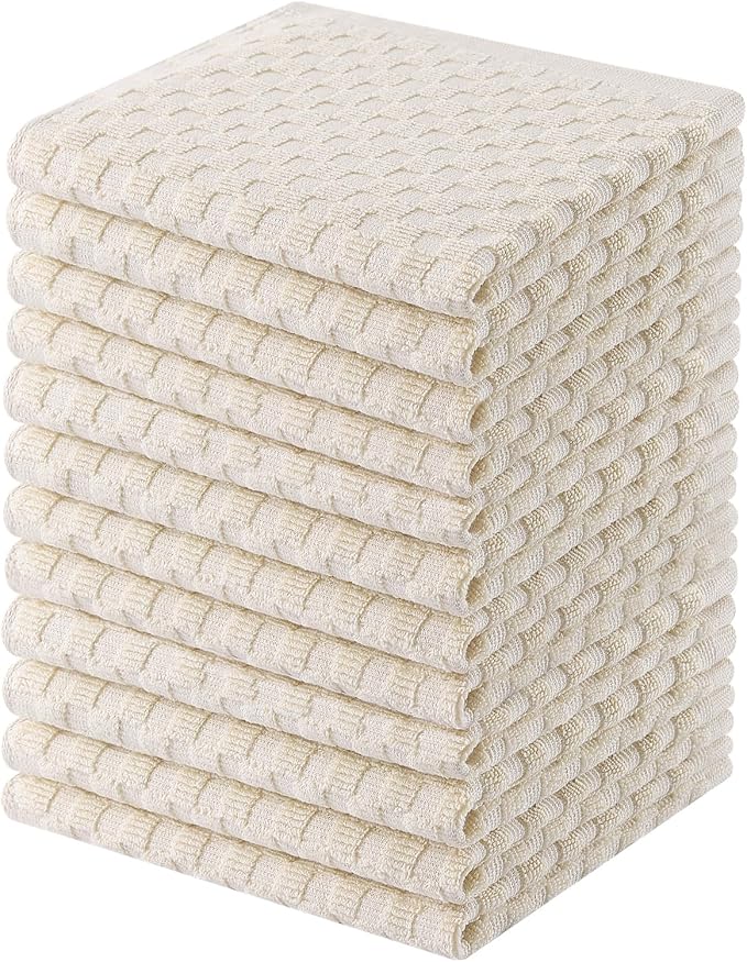 Homaxy 100% Cotton Terry Dish Cloths, 12"x12", 12-Pack, Beige | Ultra Soft Absorbent Dish Towels with Hanging Loop, Pineapple Grid Designed