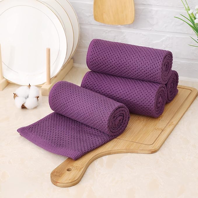 Kitinjoy 100% Cotton Waffle 4-Pack Kitchen Towels, 13" x 28", Violet | Super Soft, Ultra-Absorbent, Fast Drying, lightweight, Quick Drying Kitchen Hand Towels