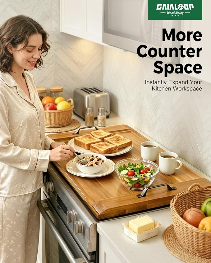 Gaialoop Noodle Board Stove Cover for Glass Top Electric Stove with Handles | Acacia wood stovetop cover adds counter space, elevates your kitchen, and protects most 30" glass top electric stoves
